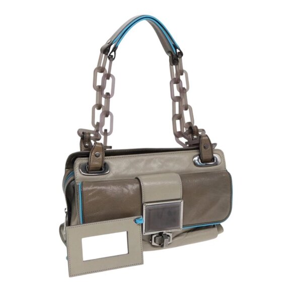 BALENCIAGA Turn Lock Chain Shoulder Bag Leather Beige Gray Silver Auth am6814V - Picture 1 of 15